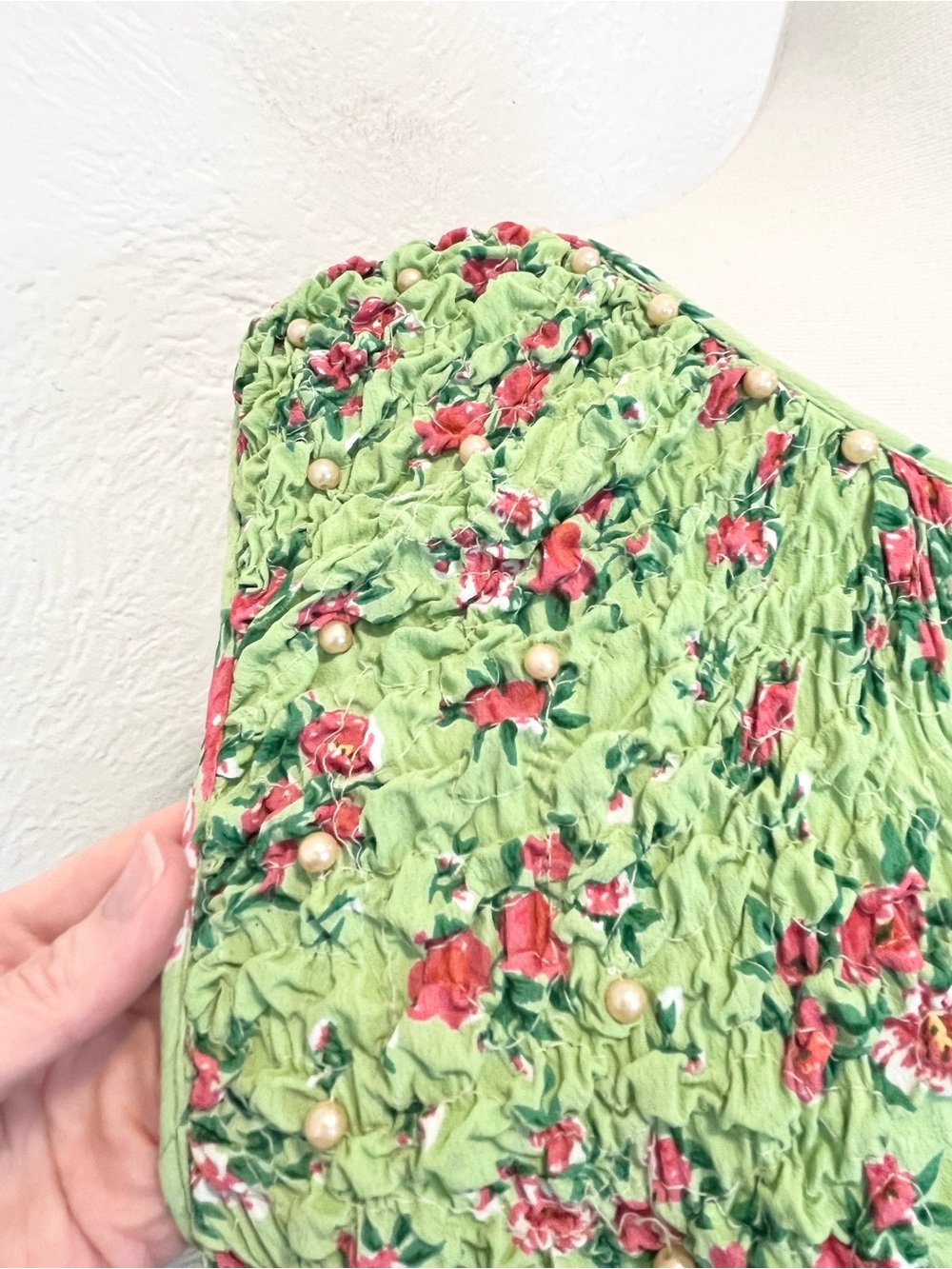 Vintage 90s Y2K Dress Green Pink Floral Beaded Smocked Cottagecore Boho Retro M - Picture 4 of 13
